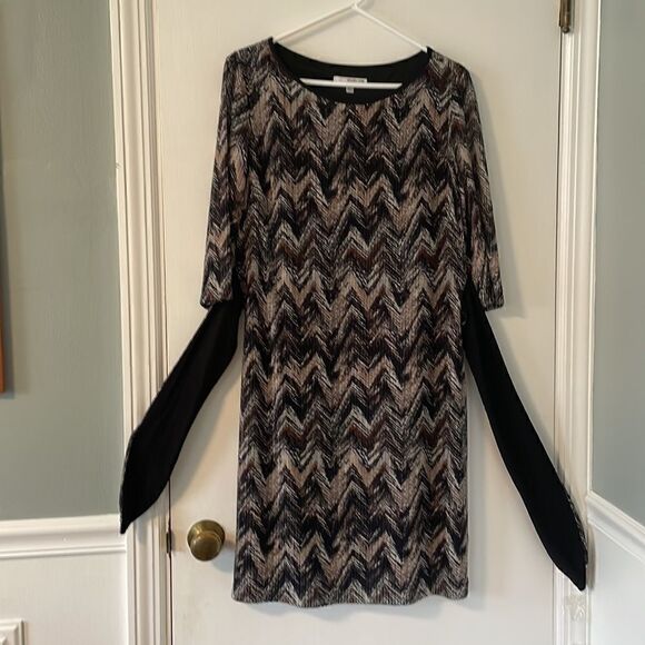 studio one new york lined earth tone chevron 3/4 sleeve dress & attached sash 12 - Picture 8 of 13
